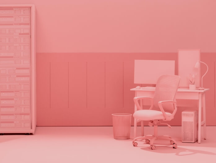 sfondo rosa con una sedia e una scrivania